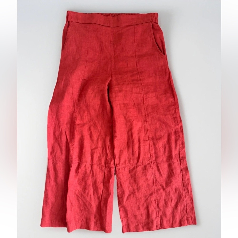 Lisa Bayne Linen Wide Leg Cropped Pant Burnt Orange Lagenlook Elastic Waist Boho